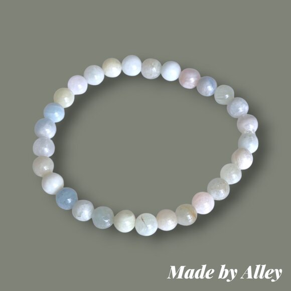 Handmade Set of Two Round Rainbow Morganite Beaded Bracelets with Charm - Picture 4 of 6